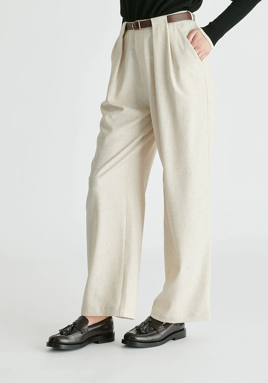 Belted Wide Leg Trousers with Box Pleats