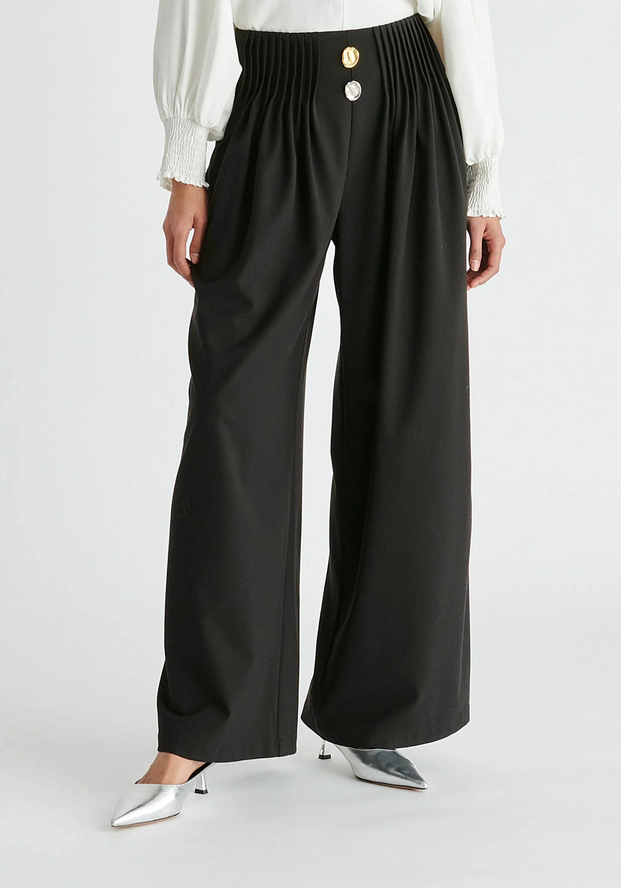 Wide Leg Trousers with Pleated Waist Detail