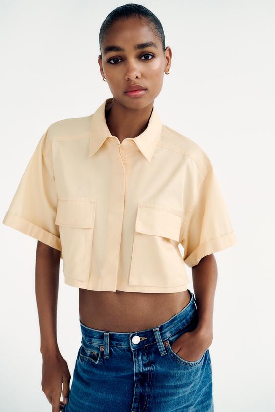 Image 1 of GABARDINE FABRIC CROPPED SHIRT from Zara