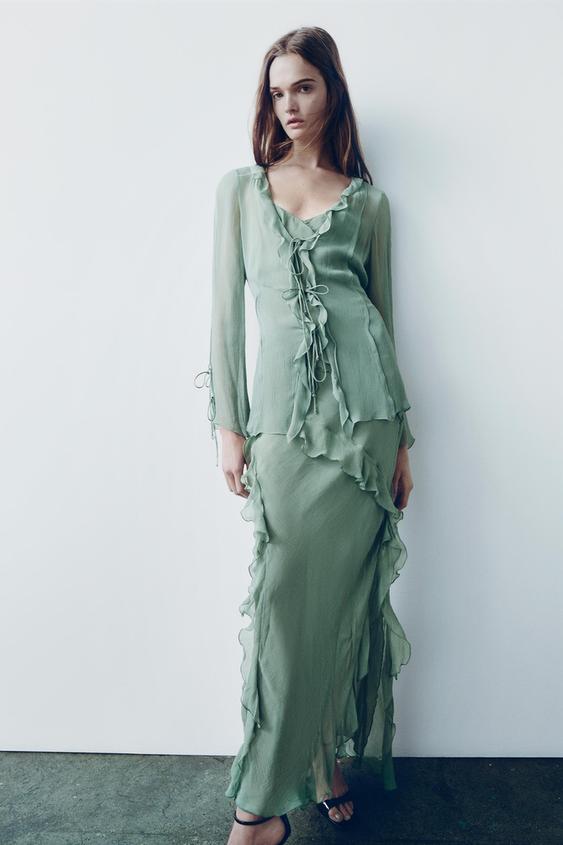 SEMI-SHEER BLOUSE WITH RUFFLE TRIMS